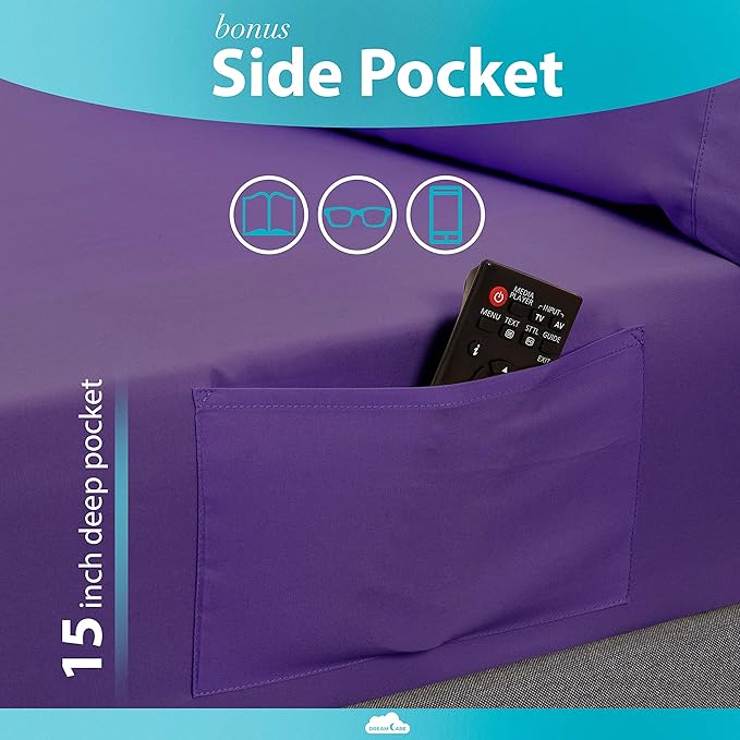 DREAMCARE Sheets Full Size Bed - Cooling Bed Sheets - 6pcs Set - Full Sheet Set - Full Size Sheets - Full Size Sheet Sets Soft & Long Lasting 100% Fine Brushed Polyester with Side Pocket - Purple