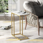 Yusong C Shaped End Table, Couch Side Table That Slide Under Sofa Bed, Small Table for Small Spaces, Skinny Overbed Table for Coffee Drink Snack, Living Room, Gold and White Marbled Wooden Top