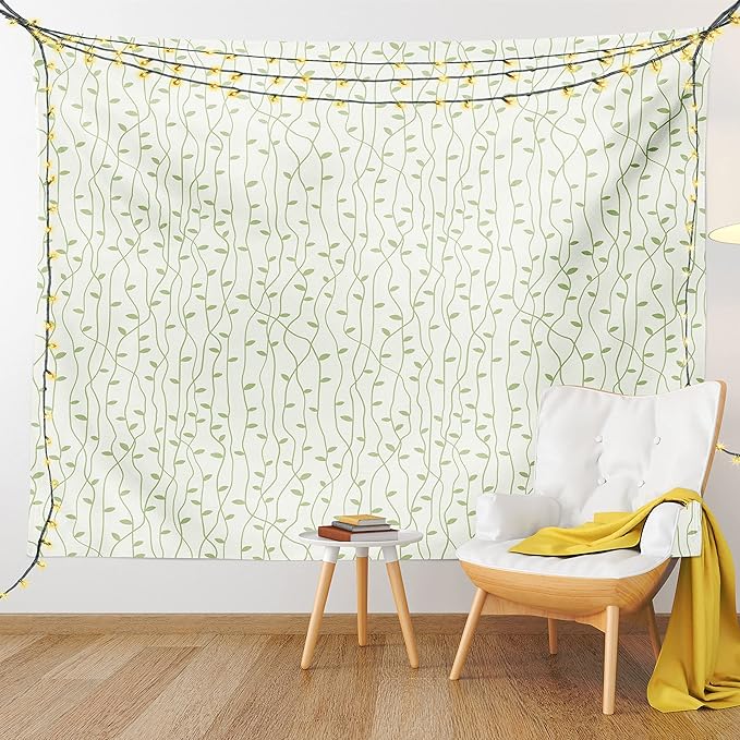 Lunarable Green and Beige Tapestry Queen Size, Green Leaves on Skinny Tangled Sprigs Fresh Nature Theme Foliage, Wall Hanging Bedspread Bed Cover Wall Decor, Queen Size, Pistachio Green