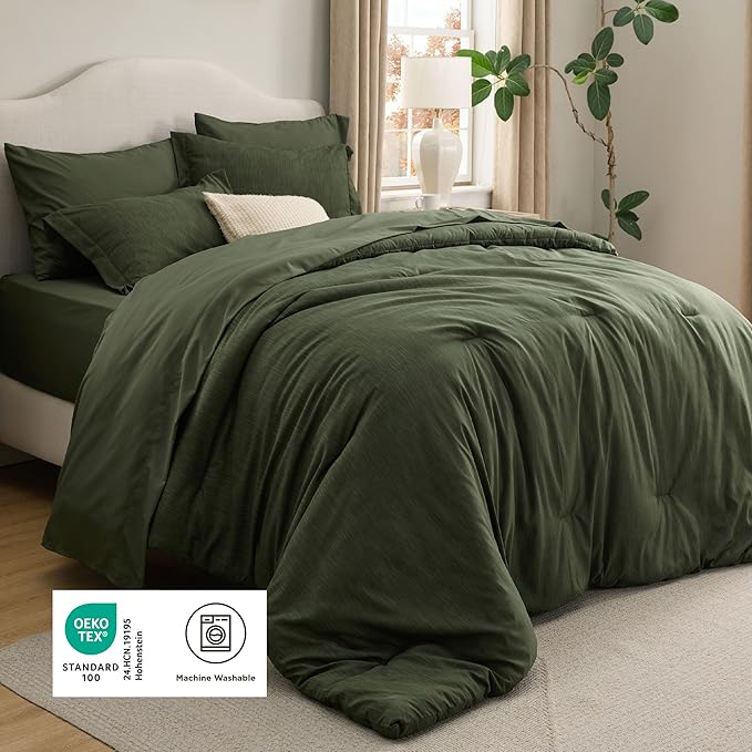 Bedsure Full Comforter Set Dark Green - Bed in a Bag Full Size Bedding 7 Pieces, Cationic Dyed Bed Set, Dark Green Soft Bedding for All Seasons Comforter with Sheets, Pillowcases & Shams