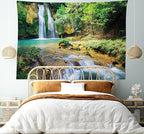 Lunarable Nature Tapestry King Size, Green Forest Waterfall and River Pool Pond Water Source Earth Landscape, Wall Hanging Bedspread Bed Cover Wall Decor, 104" X 88", Pale Brown and Green