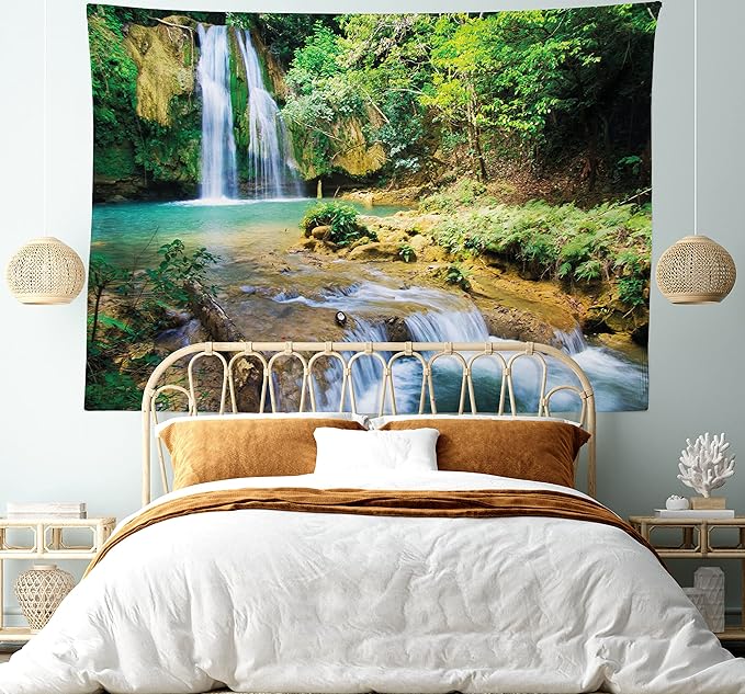 Lunarable Nature Tapestry King Size, Green Forest Waterfall and River Pool Pond Water Source Earth Landscape, Wall Hanging Bedspread Bed Cover Wall Decor, 104" X 88", Pale Brown and Green