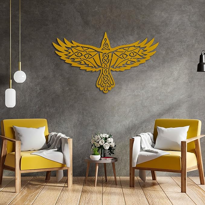 KAWA METALWORKS Nordic Viking Raven Metal Wall Art Decor, Norse Mythology Sculpture, Odin's Raven Wall Decor (White, Medium - 15.3" x 27" H x W)