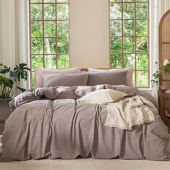 MooMee Bedding Duvet Cover Set 100% Washed Cotton Linen Like Textured Breathable Durable Soft Comfy (Heathered Mauve Brown, Super Queen 90"x98")