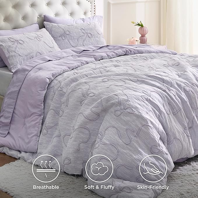 Bedsure Queen Size Comforter Set, Light Purple Boho Tufted Bed Set, 3D Puffy Jacquard Bedding Queen Size, 3 Pieces, 1 Farmhouse Shabby Chic Embroidery Comforter with Bow Pattern & 2 Pillow Cases