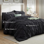 Bedsure California King Comforter Set Black - Bed in a Bag Cal King Bedding Set 7 Pieces, GentleSoft™ Pintuck Bed Set Gift for Family, Pinch Pleat Black Comforter with Sheets, Pillowcases & Shams