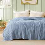 Bedsure Cooling Cotton Waffle Full Size Blanket - Lightweight Breathable Blanket of Rayon Derived from Bamboo for Hot Sleepers, Luxury Throws for Bed, Couch and Sofa, Fog Blue, 80x90 Inches