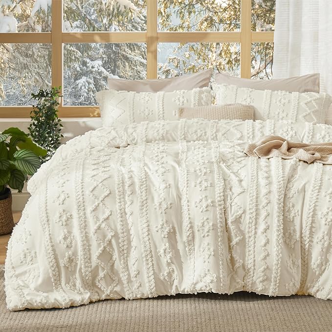 Bedsure Tufted Boho Comforter Set Queen Size - Ivory Boho Bed Set, GentleSoft™ 3 Pieces Farmhouse Shabby Chic Embroidery Bedding, Gifts for Woman, Soft Jacquard Queen Comforter for All Seasons