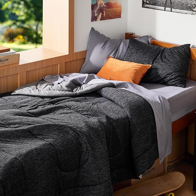 Bedsure Twin/Twin XL Comforter Set - Cooling and Warm Bed Set, Charcoal Black Reversible Bedding for All Season, 2 Pieces, 1 Twin/Twin XL Size Comforter (68"x88") and 1 Pillow Case (20"x26")