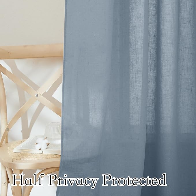 RYB HOME Light Filtering Linen Sheer Curtains for Bedroom Nursery, Semi Transparent Burlap Wrinkle Resistant for Home Office Privacy Country Rustic Design, Dusty Blue, W 60 x L 84, 1 Pc