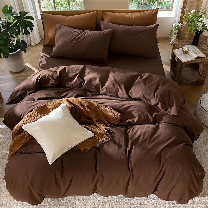 MooMee Bedding Duvet Cover Set 100% Washed Cotton Linen Like Textured Breathable Durable Soft Comfy (Solid Cocoa Brown, Palatial King/Oversized King 120"x98")