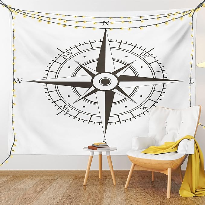 Ambesonne Compass Tapestry, Wind Rose Old Fashion Navigational Equipments Orienteering Illustration Print, Wall Hanging for Bedroom Living Room Dorm Decor, 40" X 60", Evergreen White