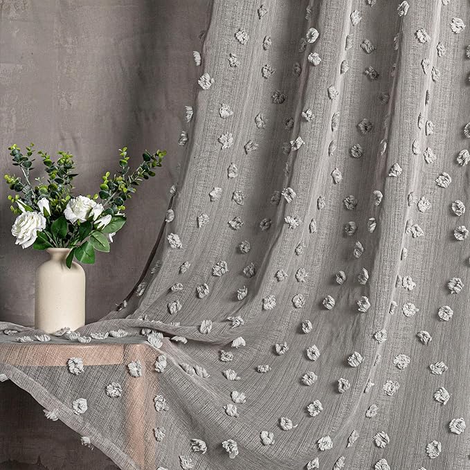 MYSKY HOME Pom Pom Grey Sheer Curtains for Bedroom Girls Room Curtains 108 Inches Long for Nursery Kids Light Filtering Boho Window Drapes, Rod Pocket, 38" Wide, 2 Panels