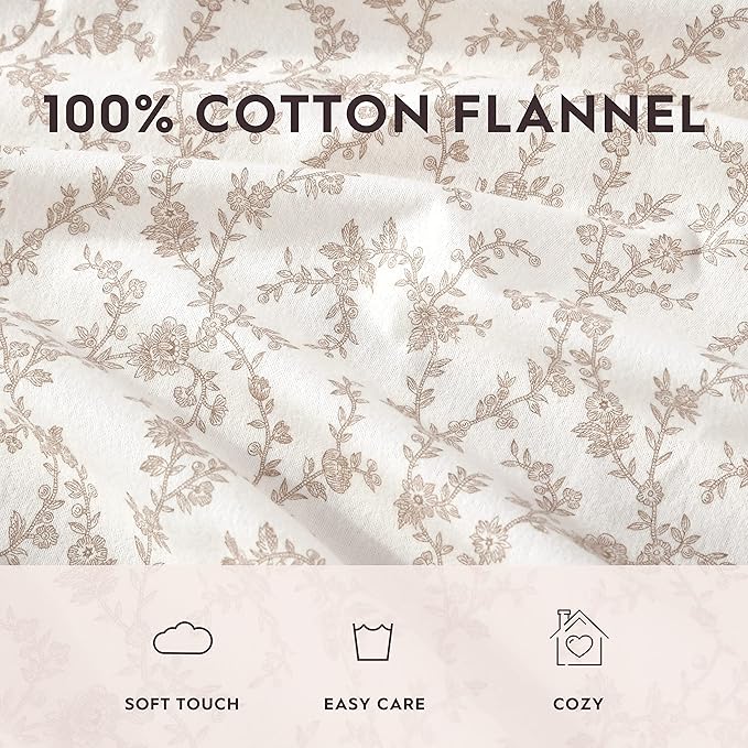 Laura Ashley - Flannel Sheets Twin Size, Anti-Pilling & Wrinkle Resistant Cotton, Touchably Soft for All-Season Comfort - Bed Sheets with Matching Pillowcase & Fitted Sheet (Victoria Beige)