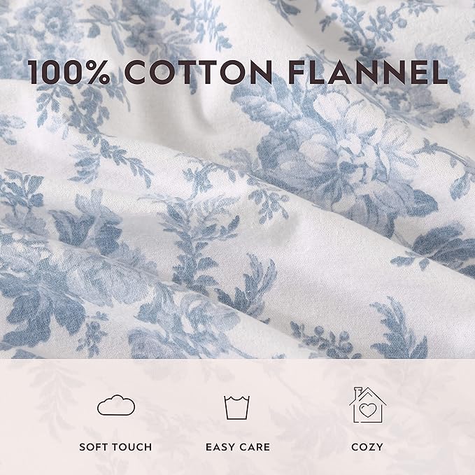 Laura Ashley - Flannel Sheets Twin Size, Anti-Pilling & Wrinkle Resistant Cotton, Touchably Soft for All-Season Comfort - Bed Sheets with Matching Pillowcase & Fitted Sheet (Vanessa Blue)