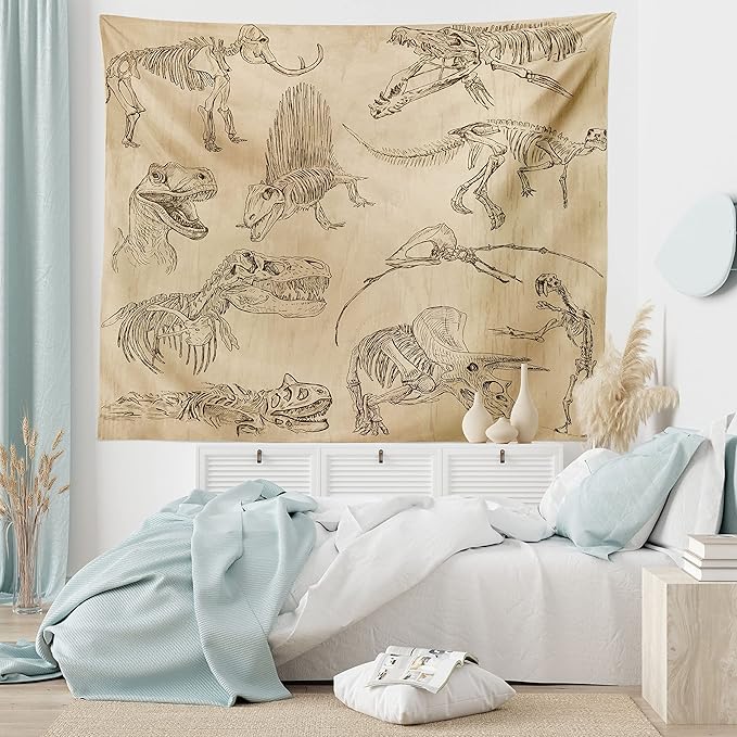 Lunarable Dinosaur Tapestry King Size, Hand Drawn Style Skeletons Bones from Medieval Times Archeology Theme, Wall Hanging Bedspread Bed Cover Wall Decor, King Size, Sand Brown Army Green