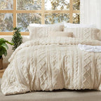 Bedsure Tufted Boho Comforter Set Oversized Queen - Beige Boho Bed Set, GentleSoft™ 3 Pieces Farmhouse Shabby Chic Embroidery Bedding, Gifts for Woman, Soft Jacquard Comforter for All Seasons