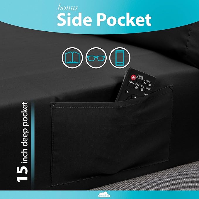 DREAMCARE Twin XL Sheet Sets – 3pcs Cooling Sheets – up to 15” Deep Pocket Twin XL Sheets Set – Hotel Luxury Sheets & Pillowcases – Superior Softness 100% Fine Microfiber with Side Pocket – Black