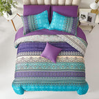 Cottolester Boho Comforter Set Queen Size 8 Piece Bed in a Bag Bohemian Striped Bedding Quilt Set Aqua Paisley Floral Comforter and Sheet Set,Soft Microfiber Complete Bedding Sets for All Season