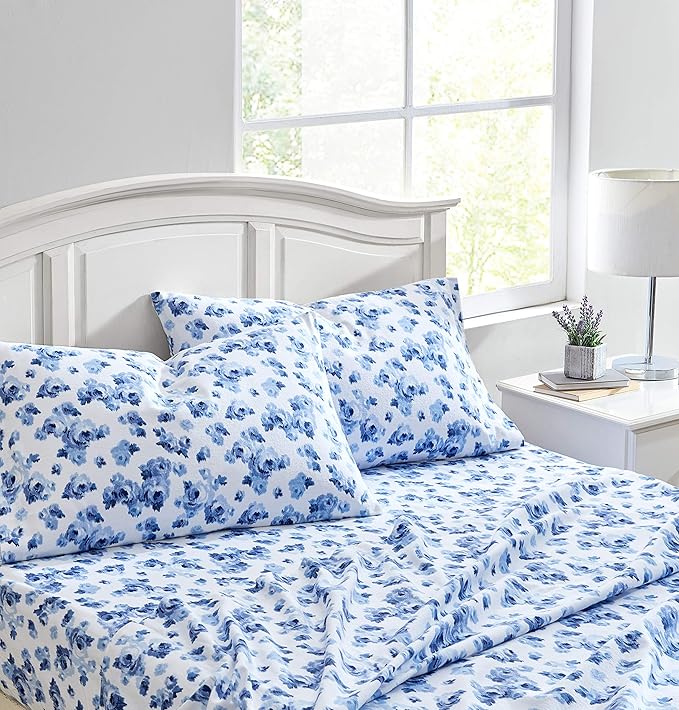 Laura Ashley - Flannel Sheets Twin Size, Anti-Pilling & Wrinkle Resistant Cotton, Touchably Soft for All-Season Comfort - Bed Sheets with Matching Pillowcase & Fitted Sheet (Emelisa Blue)