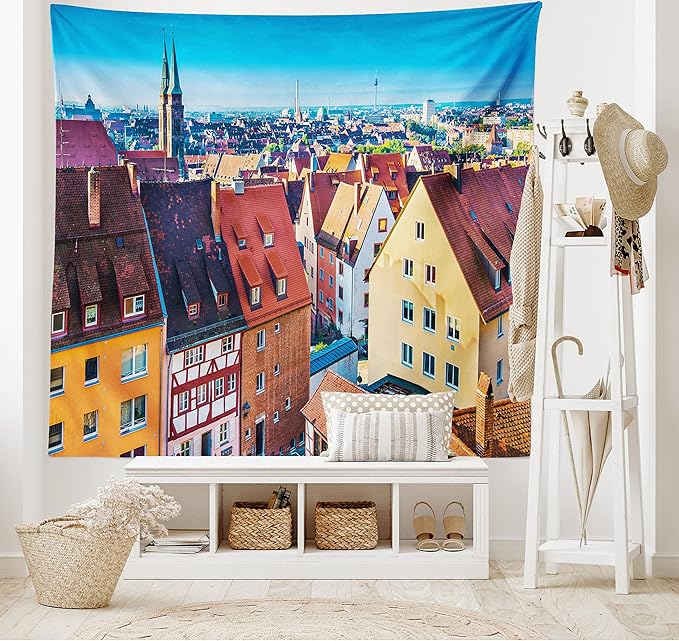 Lunarable City Tapestry, Aerial View of Historical German Town Nuremberg Skyline with Old Buildings View Print, Fabric Wall Hanging Decor for Bedroom Living Room Dorm, 45" X 30", Vermilion Aqua