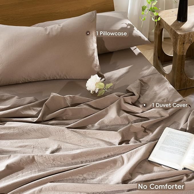 MooMee Bedding Duvet Cover Set 100% Washed Cotton Linen Like Textured Breathable Durable Soft Comfy (Solid Brown, Twin 68"x90")