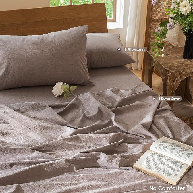 MooMee Bedding Duvet Cover Set 100% Washed Cotton Linen Like Textured Breathable Durable Soft Comfy (Heathered Mauve Brown, King 104"x90")