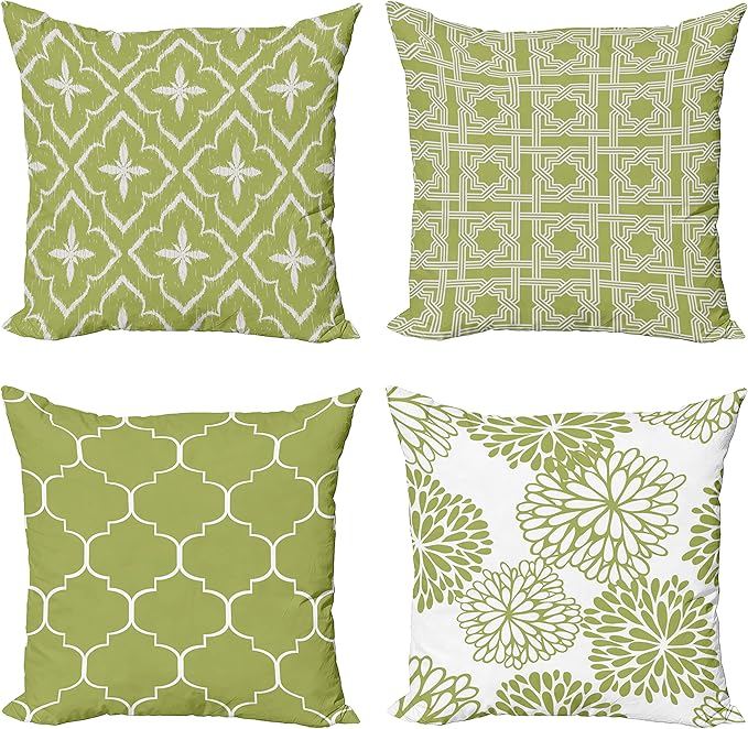 Ambesonne Vintage Throw Pillow Cushion Case Pack of 4, Monochrome Design Grid Trellis Quatrefoil Mesh and Dahlia Flowers Modern, Modern Accent Double-Sided Digital Printing, 24", Olive Green