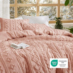 Bedsure Tufted Boho Comforter Set Queen Size - Pink Boho Bed Set, GentleSoft™ 3 Pieces Farmhouse Shabby Chic Embroidery Bedding, Gifts for Woman, Soft Jacquard Queen Comforter for All Seasons