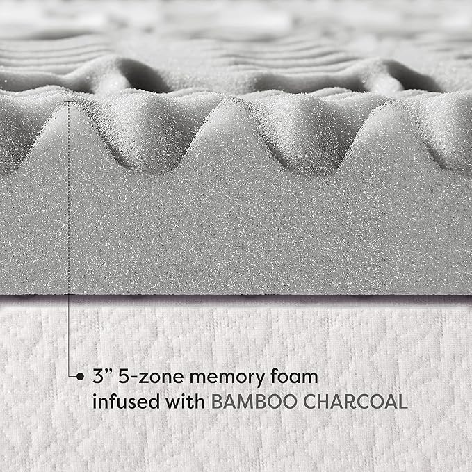 Mellow 3 Inch 5-Zone Memory Foam Mattress Topper with Plant-based Infusion and Moisture Control, CertiPUR-US Certified, King,Grey