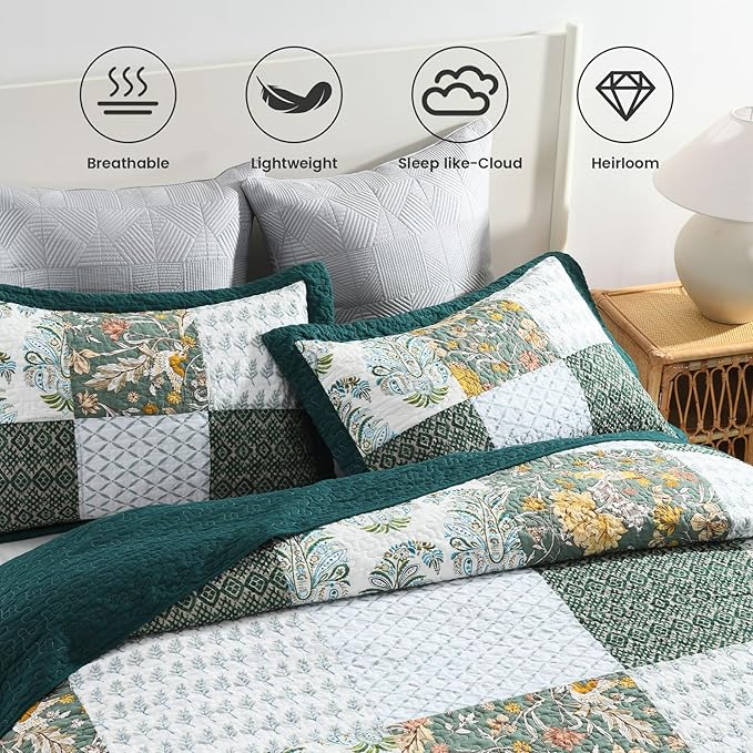 Secgo Queen Comforter Set for Bed - 100% Cotton Quilts Queen Size, Green, Emerald Bedspreads (90 * 98 Inch) with 2 Pillow Shams, Patchwork Reversible Lightweight Bedding
