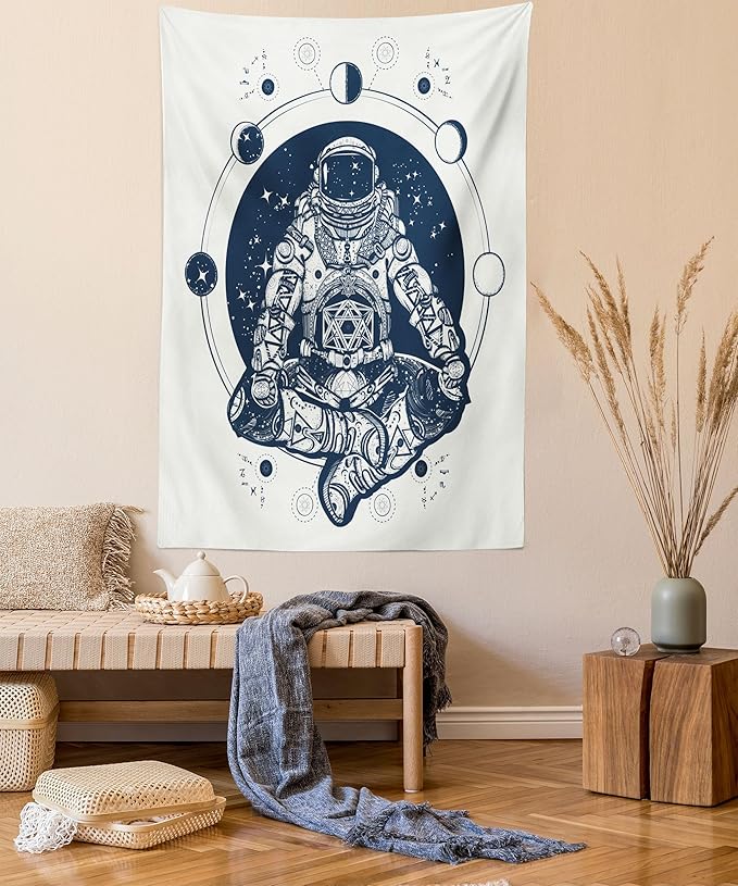 Lunarable Moon Phases Tapestry, Spaceman Silhouette Sitting in Lotus Pose Yoga Zodiac Harmony, Wall Hanging for Bedroom Living Room Dorm Decor, 60" X 80", Blue White