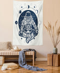 Lunarable Moon Phases Tapestry, Spaceman Silhouette Sitting in Lotus Pose Yoga Zodiac Harmony, Wall Hanging for Bedroom Living Room Dorm Decor, 60" X 80", Blue White