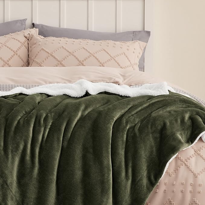 Bedsure GentleSoft Sherpa Fleece Throw Blanket for Couch - Thick and Warm, Soft Fuzzy Plush Throw Blanket for Winter, Olive Green, 50x60 Inches