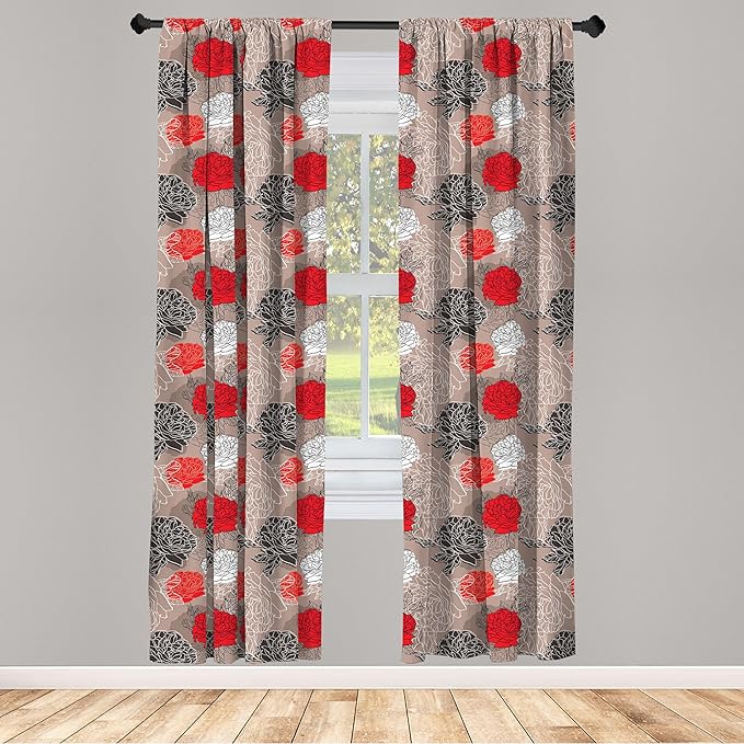 Ambesonne Floral Curtains, Blossoming Peonies Vintage Botanical Composition Abstract Petals and Buds, Window Treatments 2 Panel Set for Living Room Bedroom, Pair of - 28" x 95", Red Grey