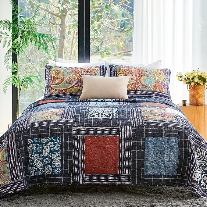 Secgo California King Quilt Size - 100% Cotton Oversized California Comforter Set Bedding Sets (120 * 110 Inch) with 2 Pillow Shams, Patchwork Reversible Lightweight Bedspread