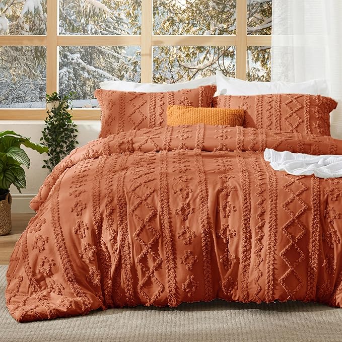 Bedsure Tufted Boho Comforter Set California King - Terracotta Boho Bed Set, GentleSoft™ 3 Pieces Farmhouse Shabby Chic Embroidery Bedding, Gifts for Woman, Soft Jacquard Comforter for All Seasons