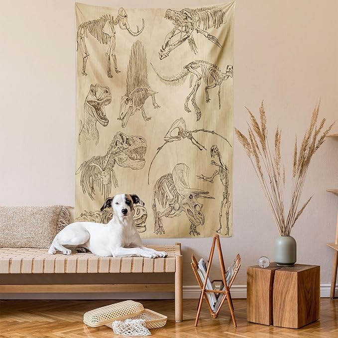 Lunarable Dinosaur Tapestry, Hand Drawn Style Skeletons Bones from Medieval Times Archeology Theme, Fabric Wall Hanging Decor for Bedroom Living Room Dorm, 23" X 28", Sand Brown Army Green