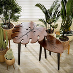 BAMEOS Monstera Leaf Nesting Tables Set of 2, Small Coffee Table Set with Leaf Vein Pattern, Modern Wooden Side Tables for Living Room Bedroom Apartment Balcony Yard
