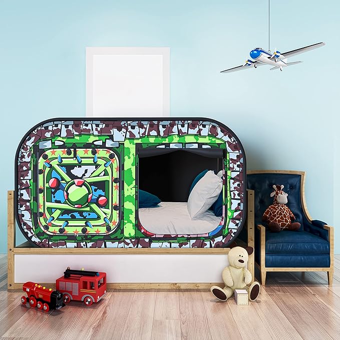 Skywin Kids Bed Tent Twin - Boys Fort for Kids - Pop Up Privacy Tent, Collapsible, Breathable, Light Reducing Pongee Bed Canopy for Warm and Cozy Night (Tank, Twin)
