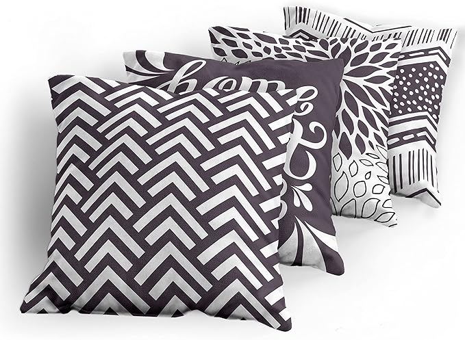 Ambesonne Geometric Throw Pillow Cushion Case Pack of 4, Home Phrase Minimal Zigzag Squama Dahlia Flower Petals Chevron Tribal, Modern Accent Double-Sided Digital Printing, 18", Dark Mauve and White