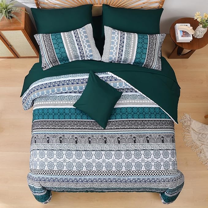 Cottolester Boho Comforter Set Queen Size,8 Pieces Emerald Green Bohemian Striped Bed in a Bag,Paisley Soft Microfiber Bedding Comforter Set