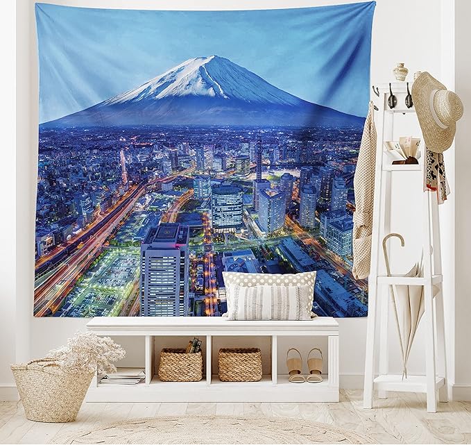 Ambesonne Scenery Tapestry, Skyline of Mt. Hill and Yokohama Japan Financial District Mountain Volcano Landscape, Wide Wall Hanging for Bedroom Living Room Dorm, 80" X 60", Blue