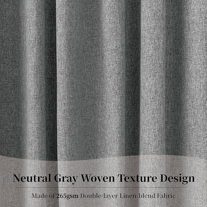 KangBang 100% Blackout Linen Curtains 72Wx84L Inch, Back Tab Room Darkening Neutral Gray Curtains for Offices Living Room, Thermal Insulated Morden Soft Thick Linen Curtains, 2 Panels