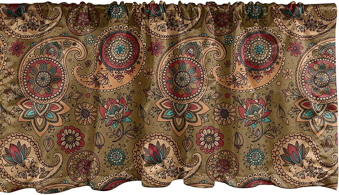 Ambesonne Paisley Window Valance Pack of 2, Vintage Inspired Multicolored Leaf Flower Motif in Earth Tones Print, Rod Pocket Curtain Valances for Kitchen Bedroom, 54" X 12", Army Green