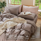 MooMee Bedding Duvet Cover Set 100% Washed Cotton Linen Like Textured Breathable Durable Soft Comfy (Heathered Mauve Brown, Twin 68"x90")