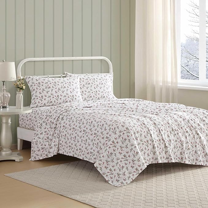 Laura Ashley - Flannel Sheets King Size, Anti-Pilling & Wrinkle Resistant Cotton, Touchably Soft for All-Season Comfort - Bed Sheets with Matching Pillowcases & Fitted Sheet (Berry Bright Red)