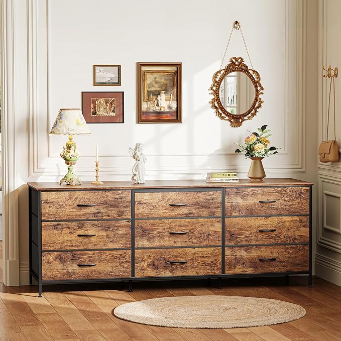 Huuger 63 Inch Dresser for Bedroom, Dresser for Closet with 9 Drawers, Large TV Stand for 55, 65, 70 Inch TV, Entertainment Center with Storage, Wide Long Chest of Drawers, Rustic Brown