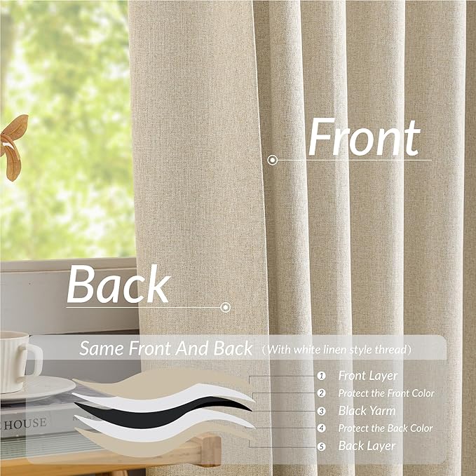 KangBang Pinch Pleat Blackout Linen Curtains 102 Inches Long, Pleated Linen Drapes 2 Panels Set for Living Room Dining with Hooks, Soft Elegant Window Treatments with Hooks,42Wx102L, Natural Beige
