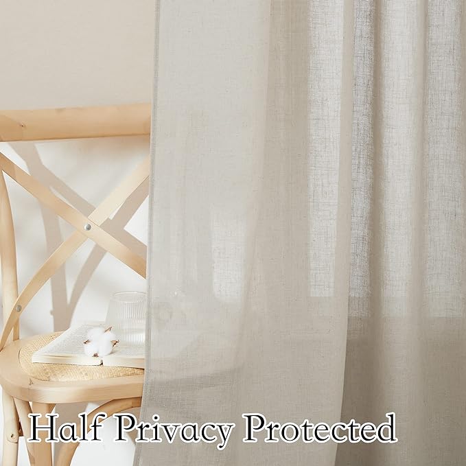 RYB HOME Curtains for Living Room - Linen Sheer Curtains Semi-Transparent Sheers Light Airy Drapes for Bedroom Dorm Office Bathroom Sliding Door Shades, Angora, W 52 x L 72 inches Long, 1 Pair